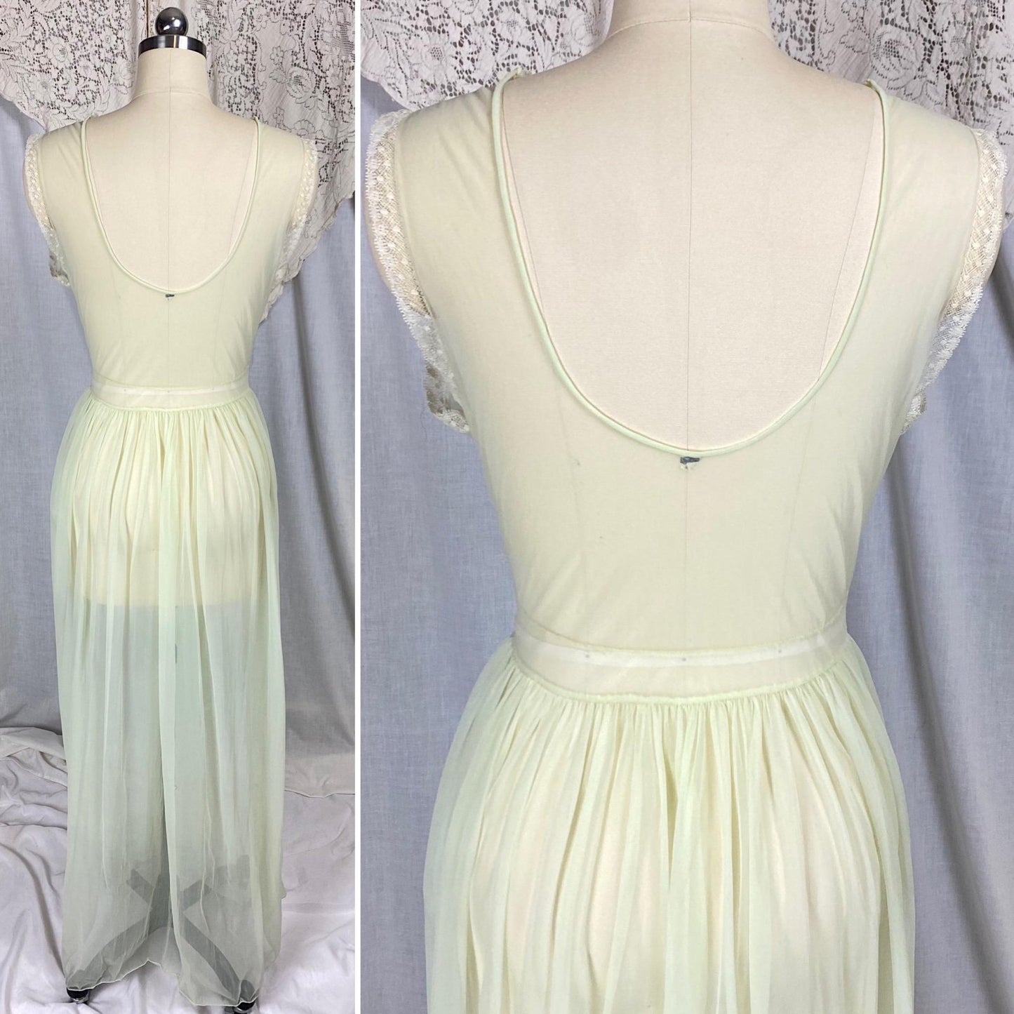 Vintage 1940's - 1950's Nightgown | Hand Stitched Sheer Mint Green Crisp Nylon with Ivory Bobbin Lace Inserts & Embroidery | Size S, M - Daggers & Dames