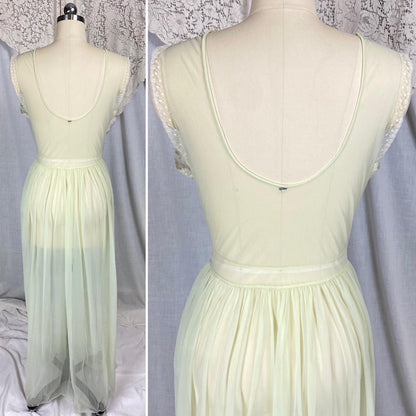 Vintage 1940's - 1950's Nightgown | Hand Stitched Sheer Mint Green Crisp Nylon with Ivory Bobbin Lace Inserts & Embroidery | Size S, M - Daggers & Dames