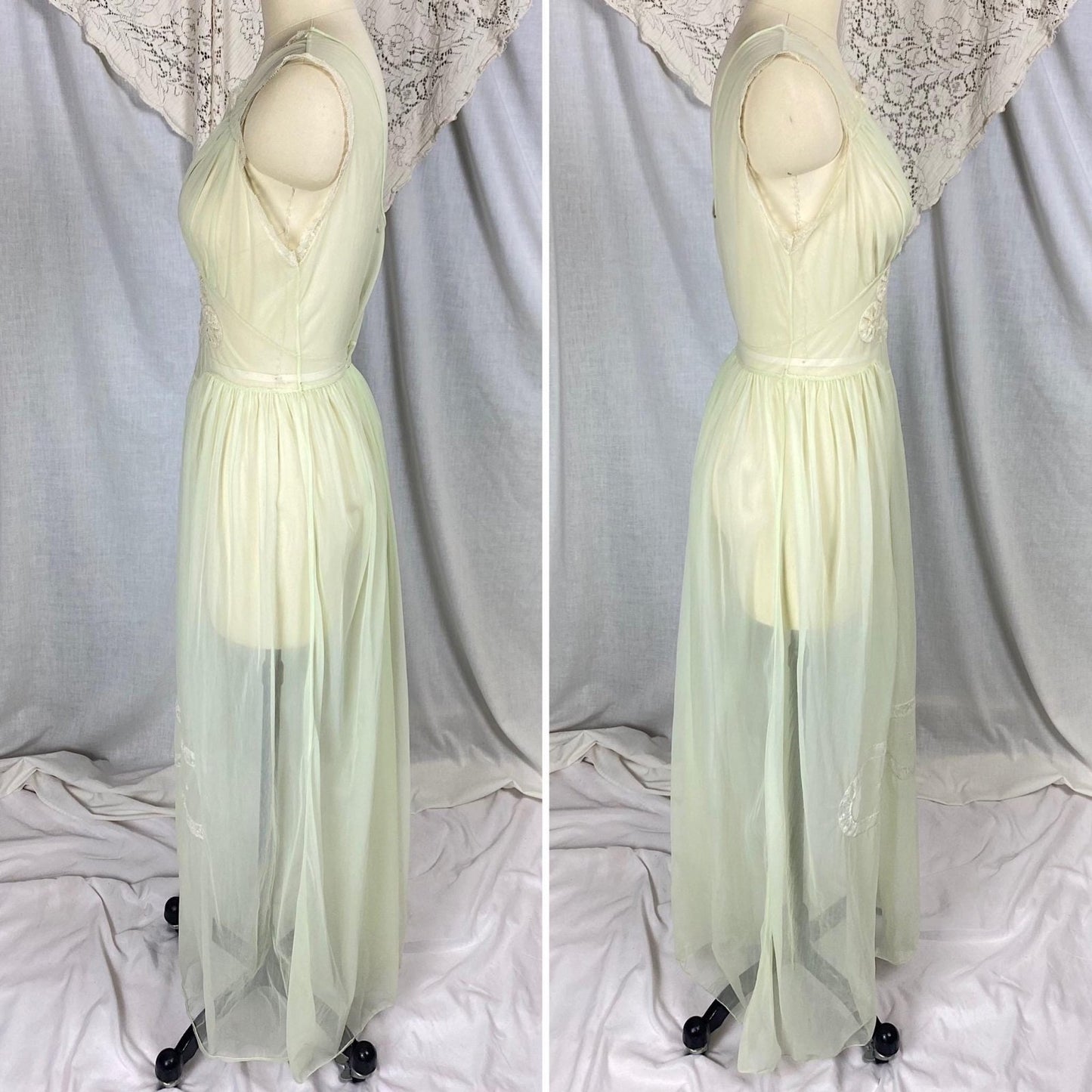Vintage 1940's - 1950's Nightgown | Hand Stitched Sheer Mint Green Crisp Nylon with Ivory Bobbin Lace Inserts & Embroidery | Size S, M - Daggers & Dames
