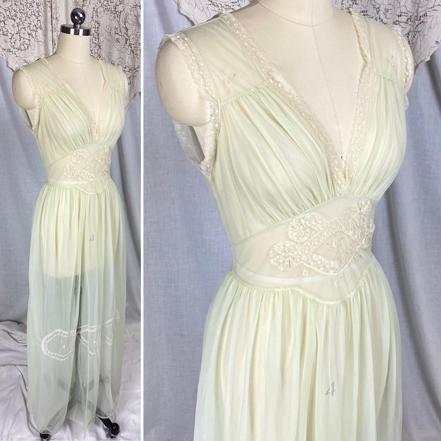Vintage 1940's - 1950's Nightgown | Hand Stitched Sheer Mint Green Crisp Nylon with Ivory Bobbin Lace Inserts & Embroidery | Size S, M - Daggers & Dames
