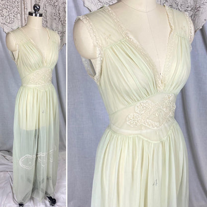 Vintage 1940's - 1950's Nightgown | Hand Stitched Sheer Mint Green Crisp Nylon with Ivory Bobbin Lace Inserts & Embroidery | Size S, M - Daggers & Dames