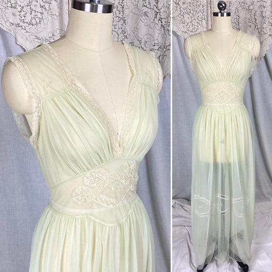 Vintage 1940's - 1950's Nightgown | Hand Stitched Sheer Mint Green Crisp Nylon with Ivory Bobbin Lace Inserts & Embroidery | Size S, M - Daggers & Dames