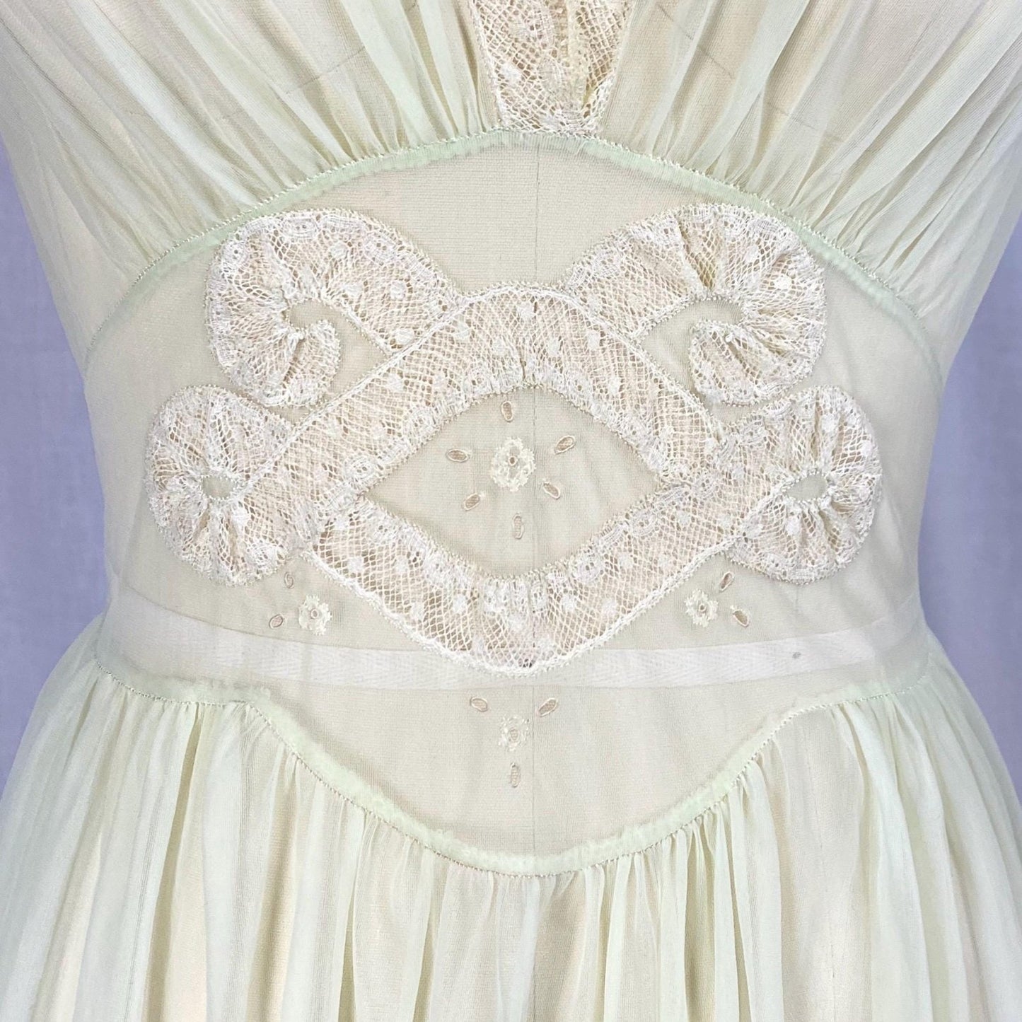 Vintage 1940's - 1950's Nightgown | Hand Stitched Sheer Mint Green Crisp Nylon with Ivory Bobbin Lace Inserts & Embroidery | Size S, M - Daggers & Dames