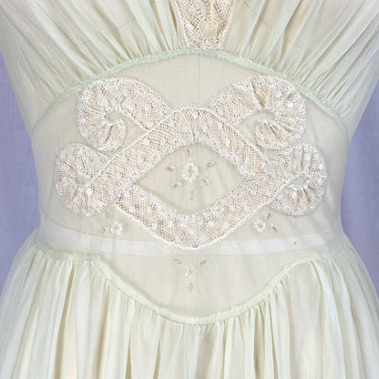 Vintage 1940's - 1950's Nightgown | Hand Stitched Sheer Mint Green Crisp Nylon with Ivory Bobbin Lace Inserts & Embroidery | Size S, M - Daggers & Dames