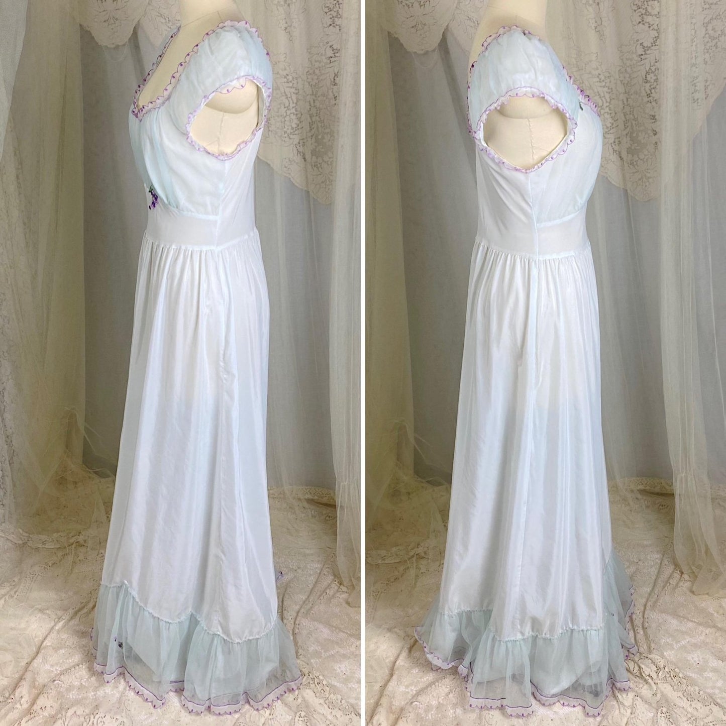 Vintage 1940's - 1950's Nightgown - Palest Blue Crisp Nylon with Sheer Chiffon Overlay & Lilac Embroidery - Size S, M - By Laros - Daggers & Dames