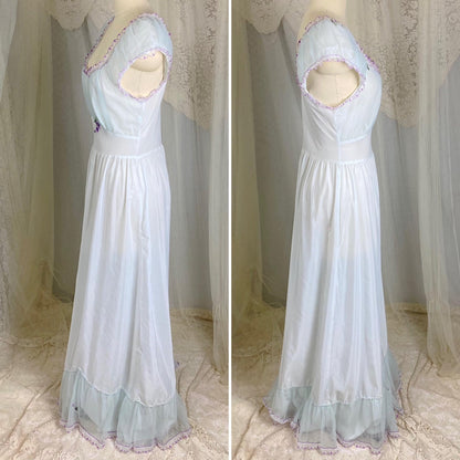 Vintage 1940's - 1950's Nightgown - Palest Blue Crisp Nylon with Sheer Chiffon Overlay & Lilac Embroidery - Size S, M - By Laros - Daggers & Dames