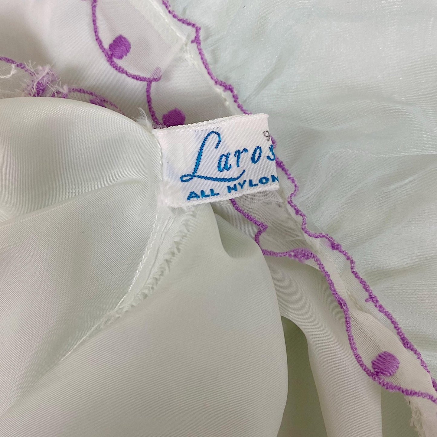 Vintage 1940's - 1950's Nightgown - Palest Blue Crisp Nylon with Sheer Chiffon Overlay & Lilac Embroidery - Size S, M - By Laros - Daggers & Dames