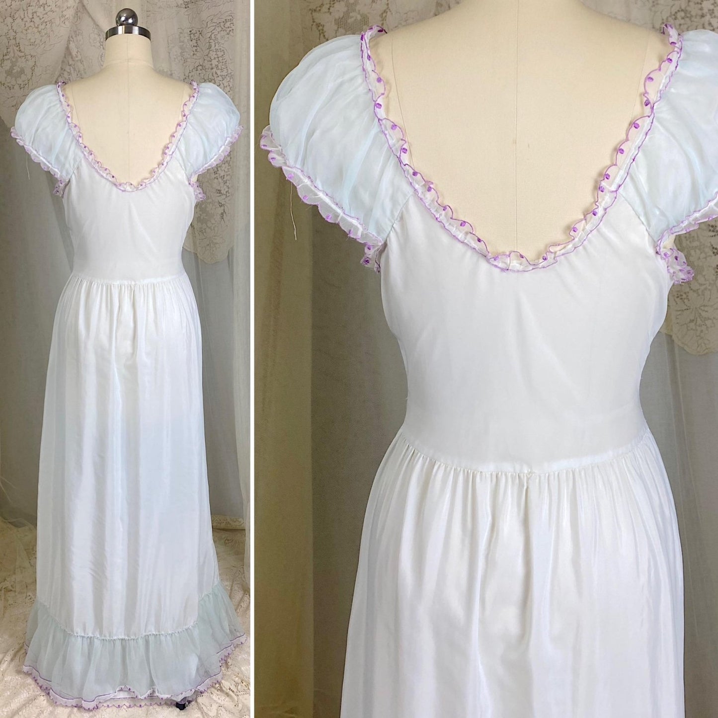 Vintage 1940's - 1950's Nightgown - Palest Blue Crisp Nylon with Sheer Chiffon Overlay & Lilac Embroidery - Size S, M - By Laros - Daggers & Dames
