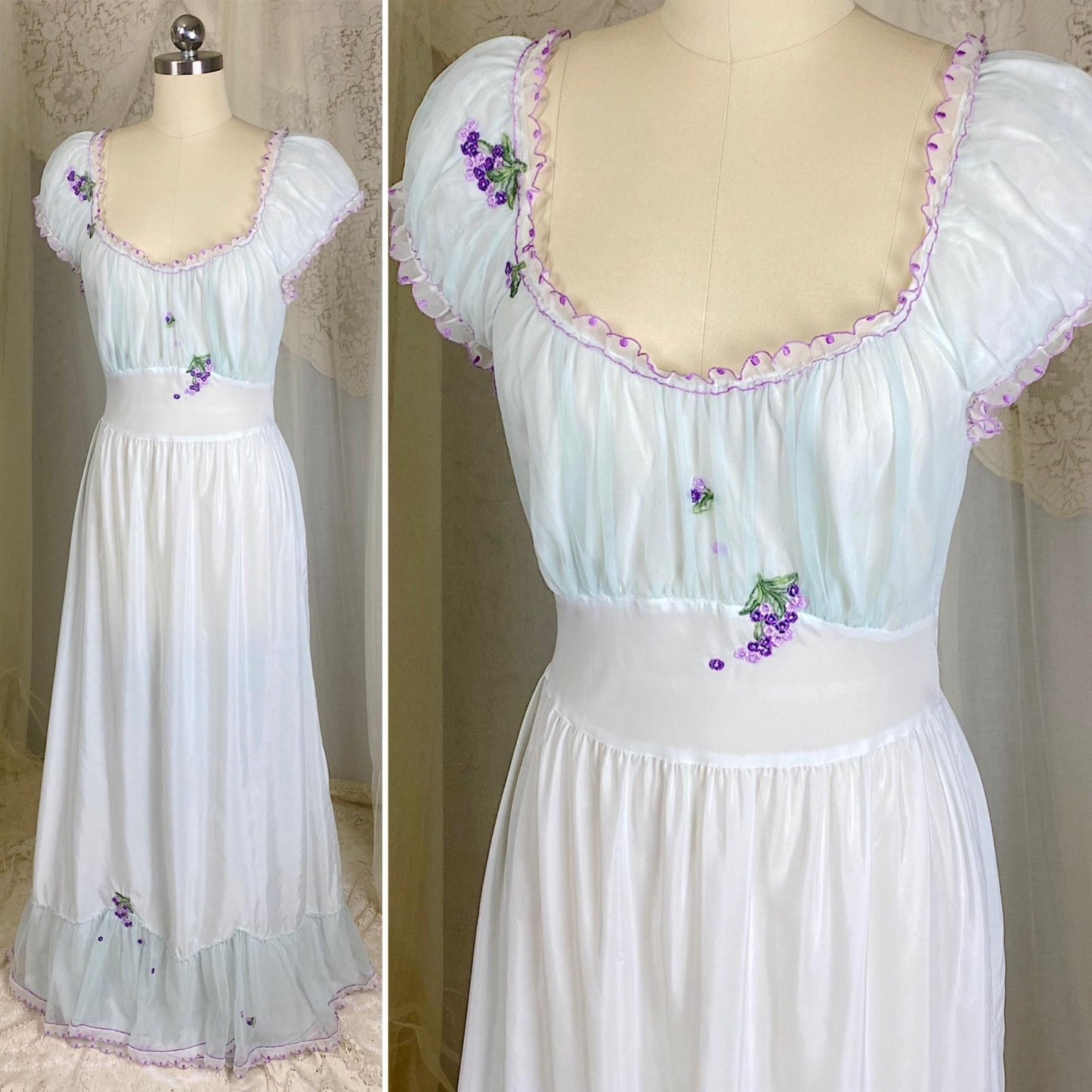 Vintage 1940's - 1950's Nightgown - Palest Blue Crisp Nylon with Sheer Chiffon Overlay & Lilac Embroidery - Size S, M - By Laros - Daggers & Dames