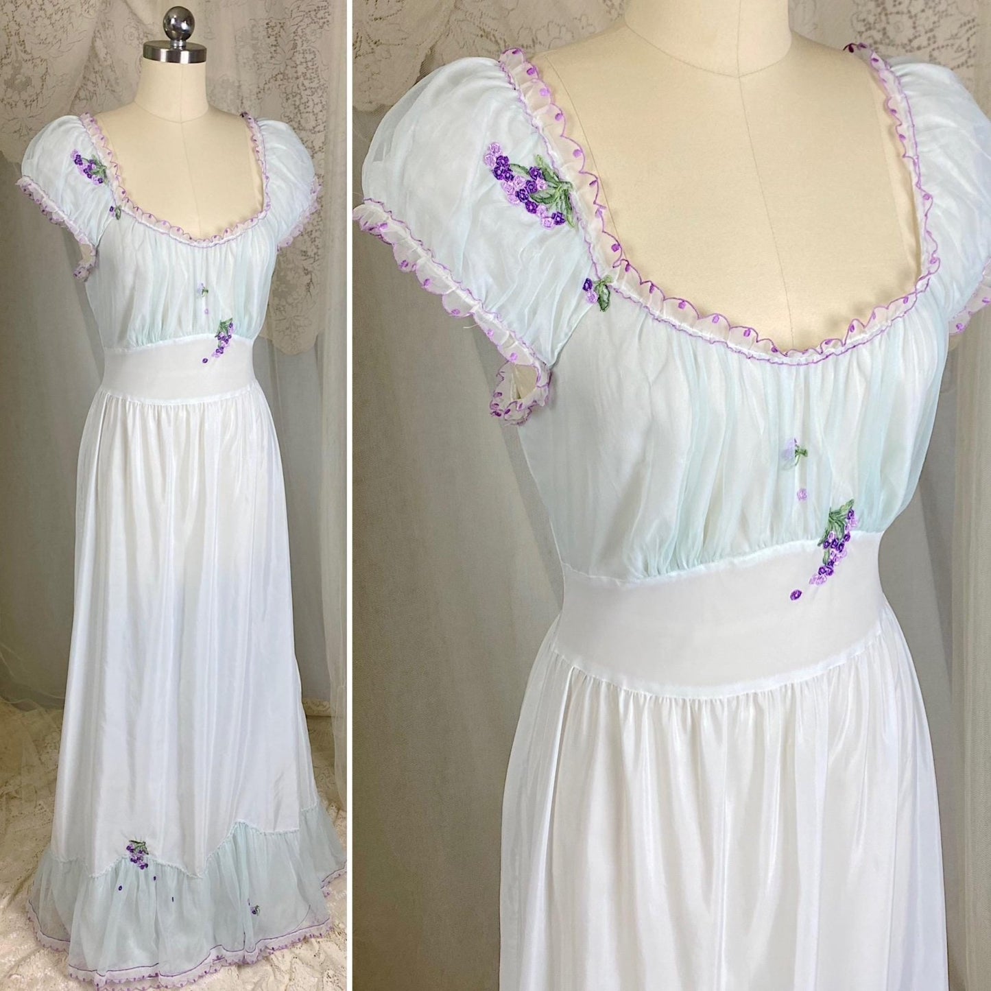 Vintage 1940's - 1950's Nightgown - Palest Blue Crisp Nylon with Sheer Chiffon Overlay & Lilac Embroidery - Size S, M - By Laros - Daggers & Dames
