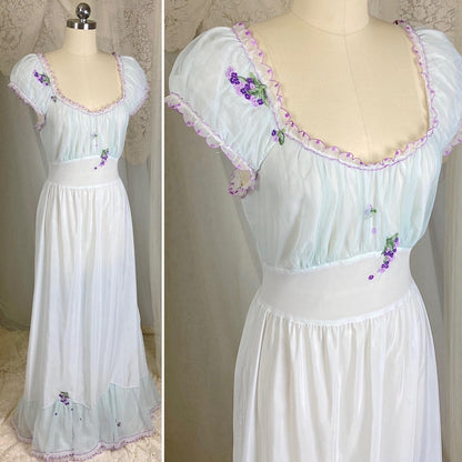 Vintage 1940's - 1950's Nightgown - Palest Blue Crisp Nylon with Sheer Chiffon Overlay & Lilac Embroidery - Size S, M - By Laros - Daggers & Dames