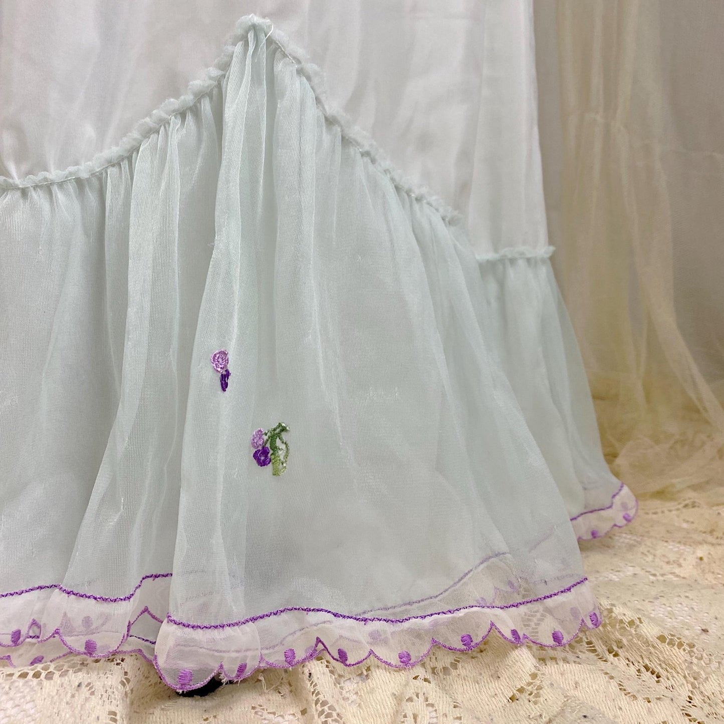 Vintage 1940's - 1950's Nightgown - Palest Blue Crisp Nylon with Sheer Chiffon Overlay & Lilac Embroidery - Size S, M - By Laros - Daggers & Dames