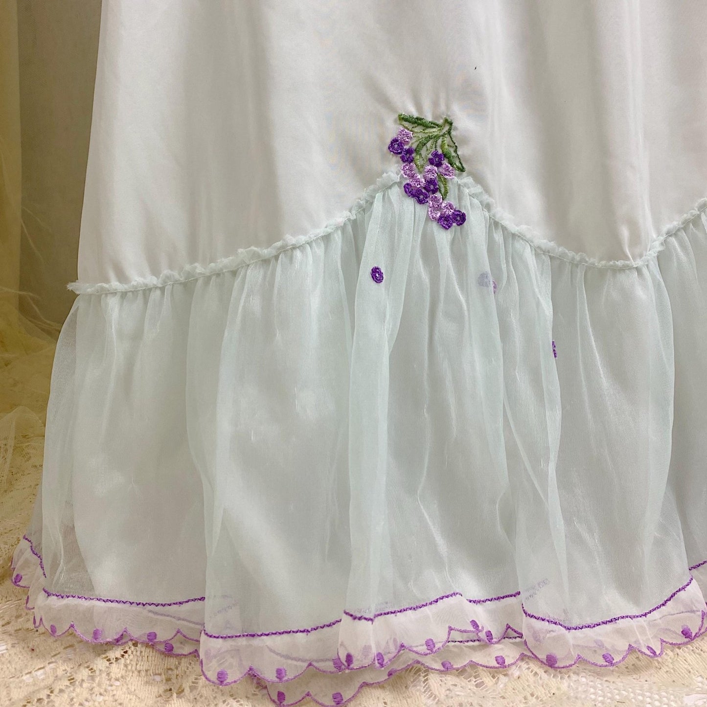 Vintage 1940's - 1950's Nightgown - Palest Blue Crisp Nylon with Sheer Chiffon Overlay & Lilac Embroidery - Size S, M - By Laros - Daggers & Dames