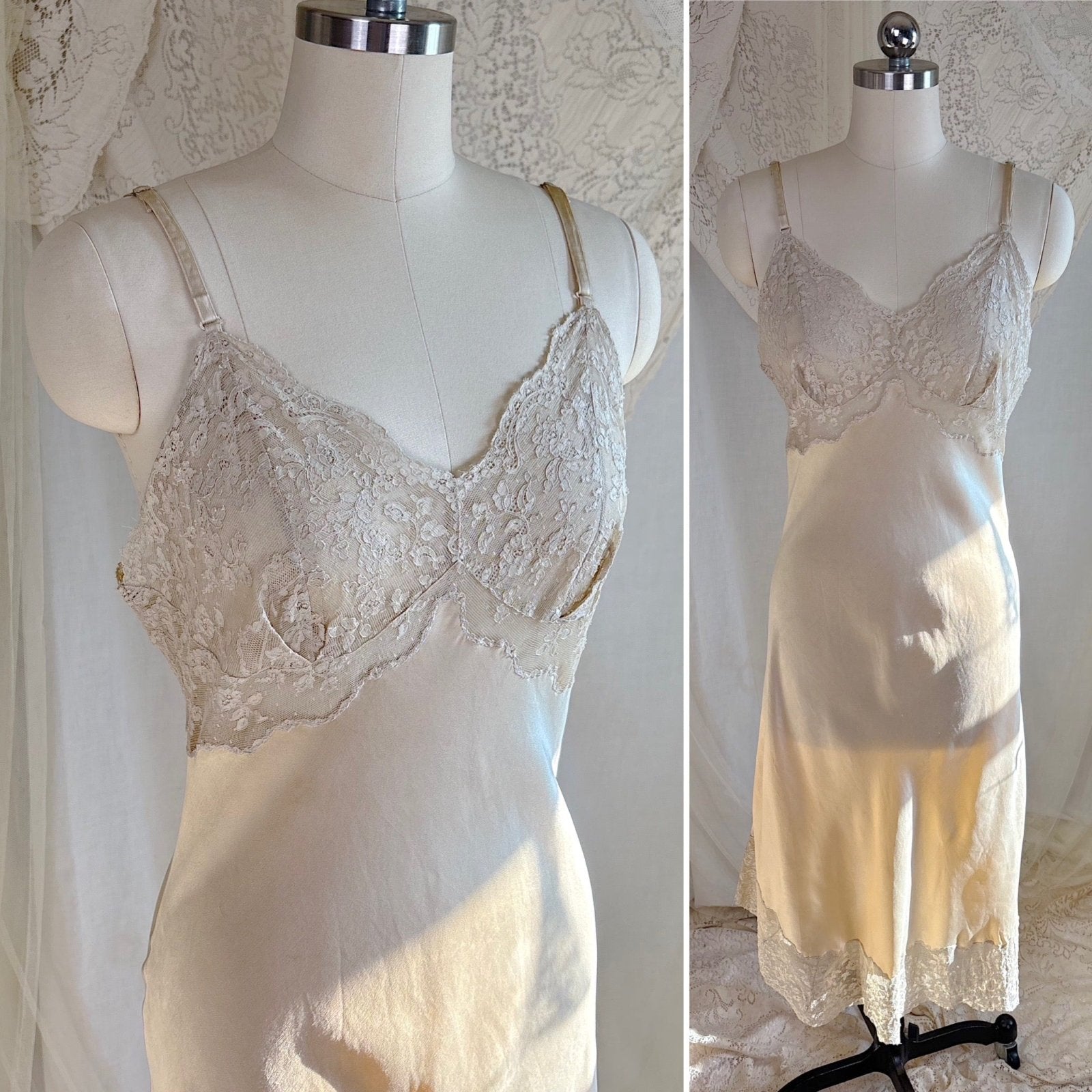 Vintage 1940's - 1950's Slip - Champagne Gold Silk Satin with Scalloped Lace - by Fischer Heavenly Lingerie, size M, LG - Daggers & Dames