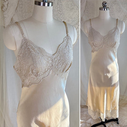 Vintage 1940's - 1950's Slip - Champagne Gold Silk Satin with Scalloped Lace - by Fischer Heavenly Lingerie, size M, LG - Daggers & Dames