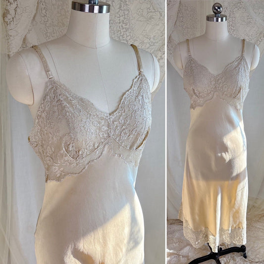 Vintage 1940's - 1950's Slip - Champagne Gold Silk Satin with Scalloped Lace - by Fischer Heavenly Lingerie, size M, LG - Daggers & Dames