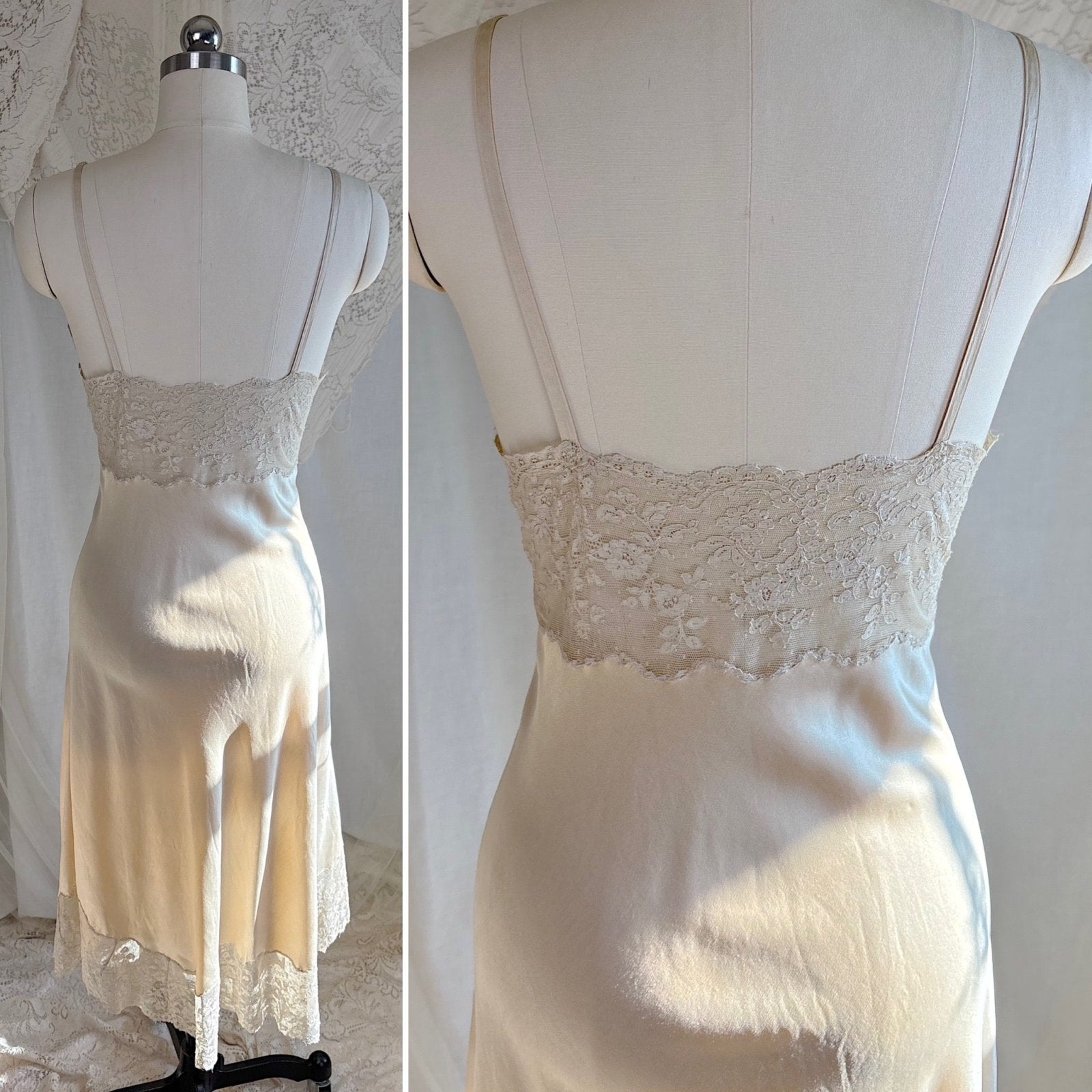 Vintage 1940's - 1950's Slip - Champagne Gold Silk Satin with Scalloped Lace - by Fischer Heavenly Lingerie, size M, LG - Daggers & Dames