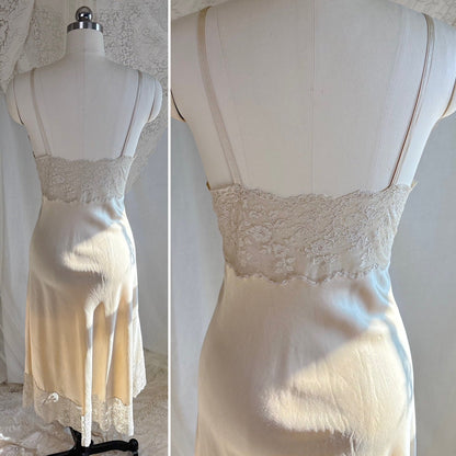 Vintage 1940's - 1950's Slip - Champagne Gold Silk Satin with Scalloped Lace - by Fischer Heavenly Lingerie, size M, LG - Daggers & Dames