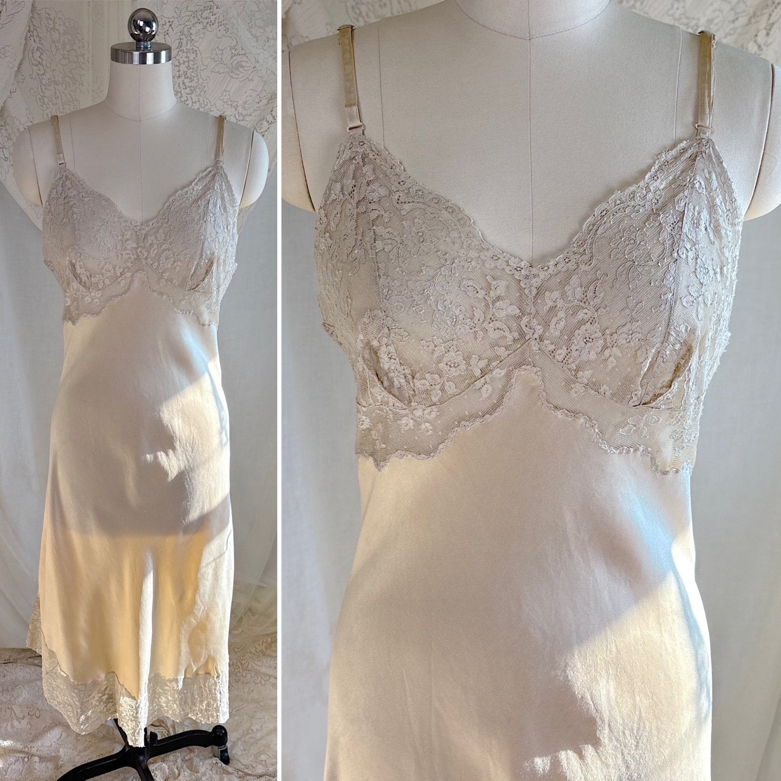 Vintage 1940's - 1950's Slip - Champagne Gold Silk Satin with Scalloped Lace - by Fischer Heavenly Lingerie, size M, LG - Daggers & Dames