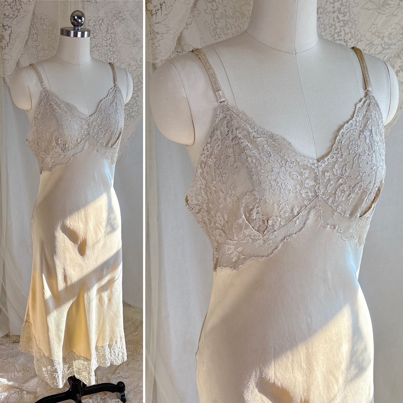 Vintage 1940's - 1950's Slip - Champagne Gold Silk Satin with Scalloped Lace - by Fischer Heavenly Lingerie, size M, LG - Daggers & Dames