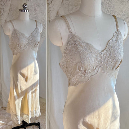 Vintage 1940's - 1950's Slip - Champagne Gold Silk Satin with Scalloped Lace - by Fischer Heavenly Lingerie, size M, LG - Daggers & Dames