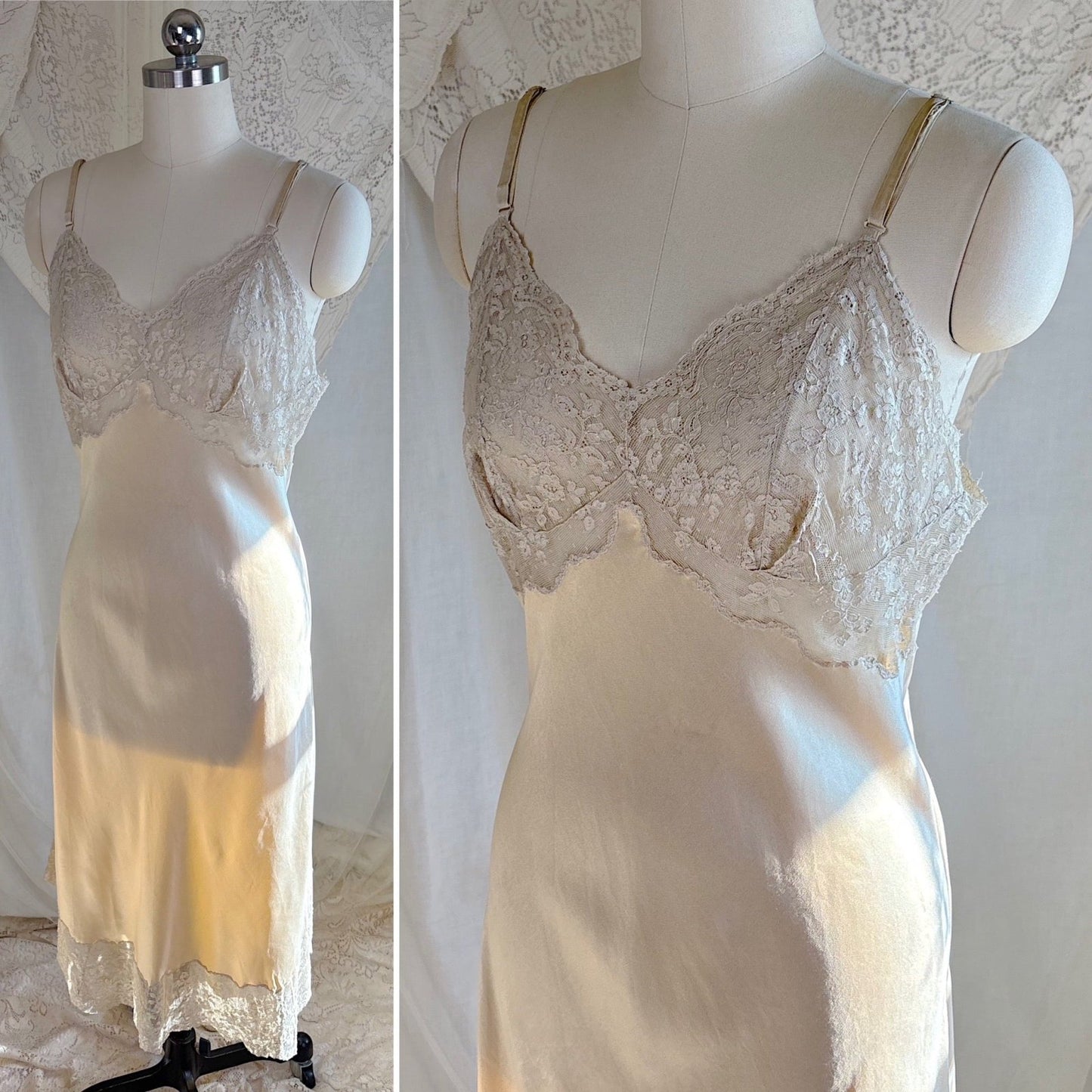 Vintage 1940's - 1950's Slip - Champagne Gold Silk Satin with Scalloped Lace - by Fischer Heavenly Lingerie, size M, LG - Daggers & Dames