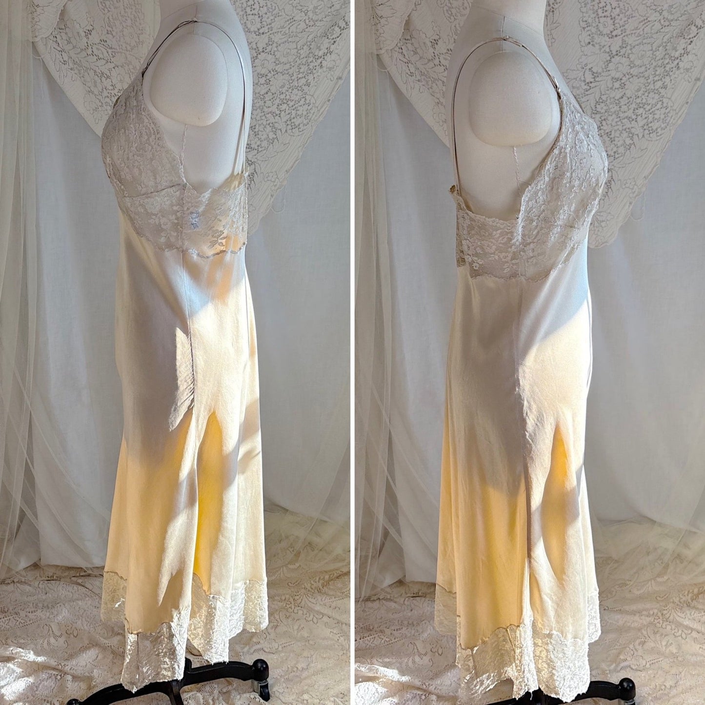 Vintage 1940's - 1950's Slip - Champagne Gold Silk Satin with Scalloped Lace - by Fischer Heavenly Lingerie, size M, LG - Daggers & Dames