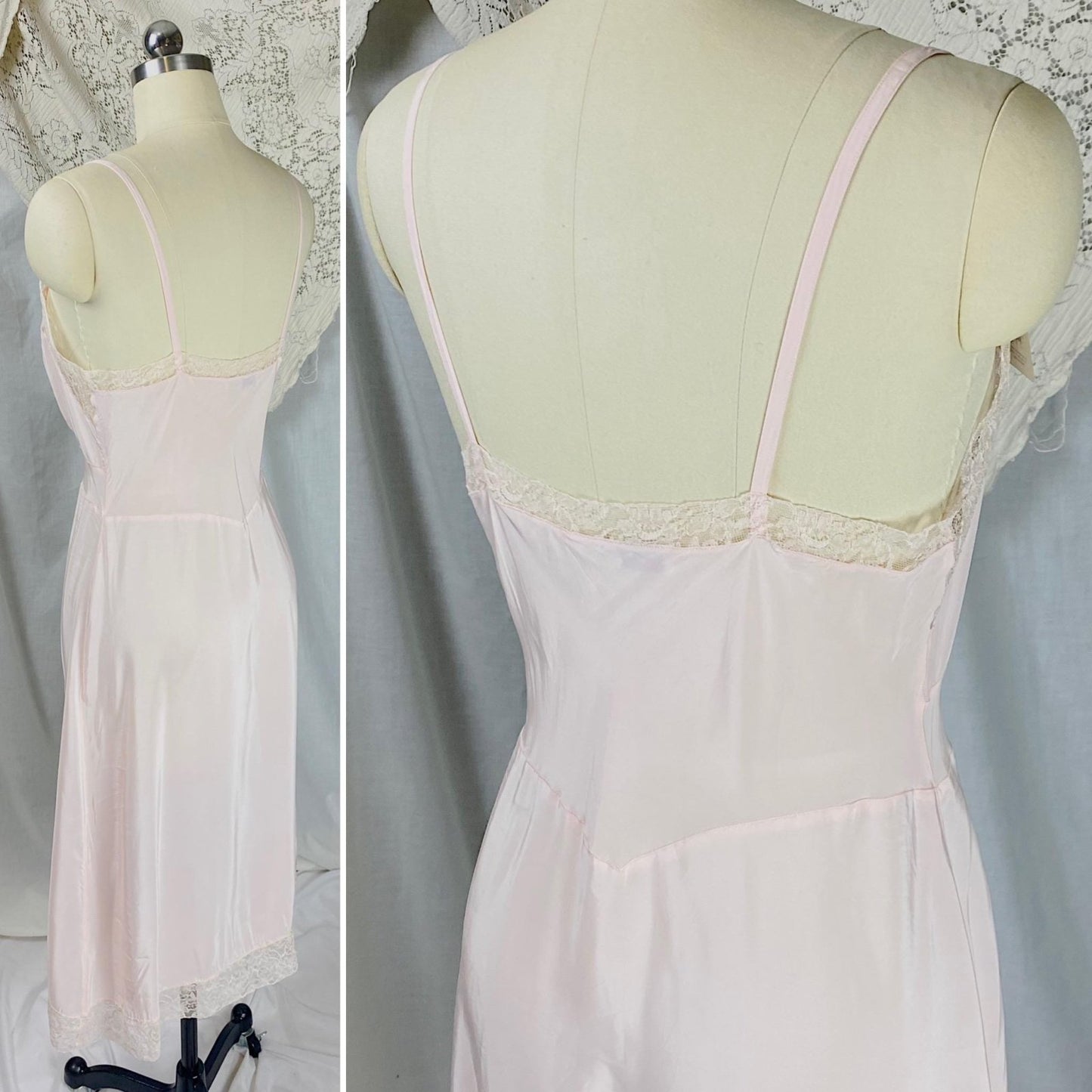 Vintage 1940's - 1950's Slip | Powder Pink Rayon with Bow Appliqués & Lace | Size M | Seamprufe - New with Tags - Daggers & Dames
