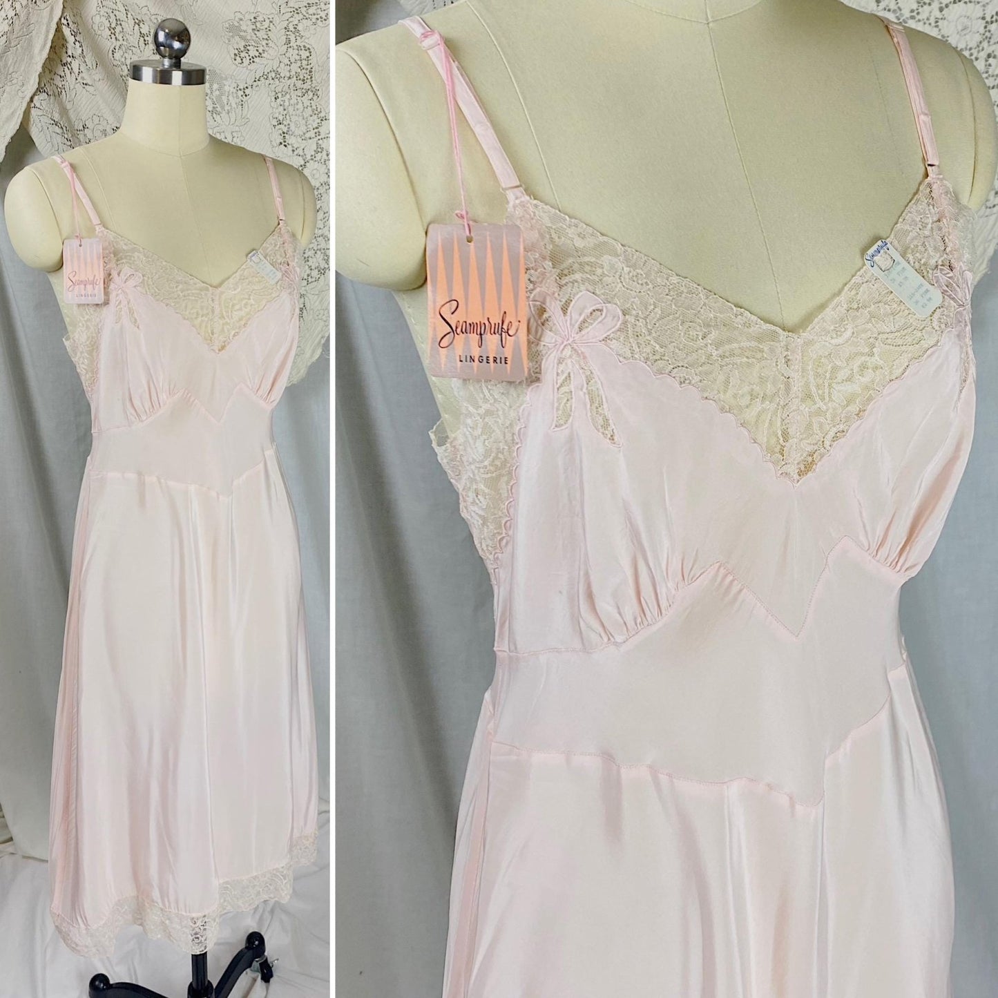 Vintage 1940's - 1950's Slip | Powder Pink Rayon with Bow Appliqués & Lace | Size M | Seamprufe - New with Tags - Daggers & Dames