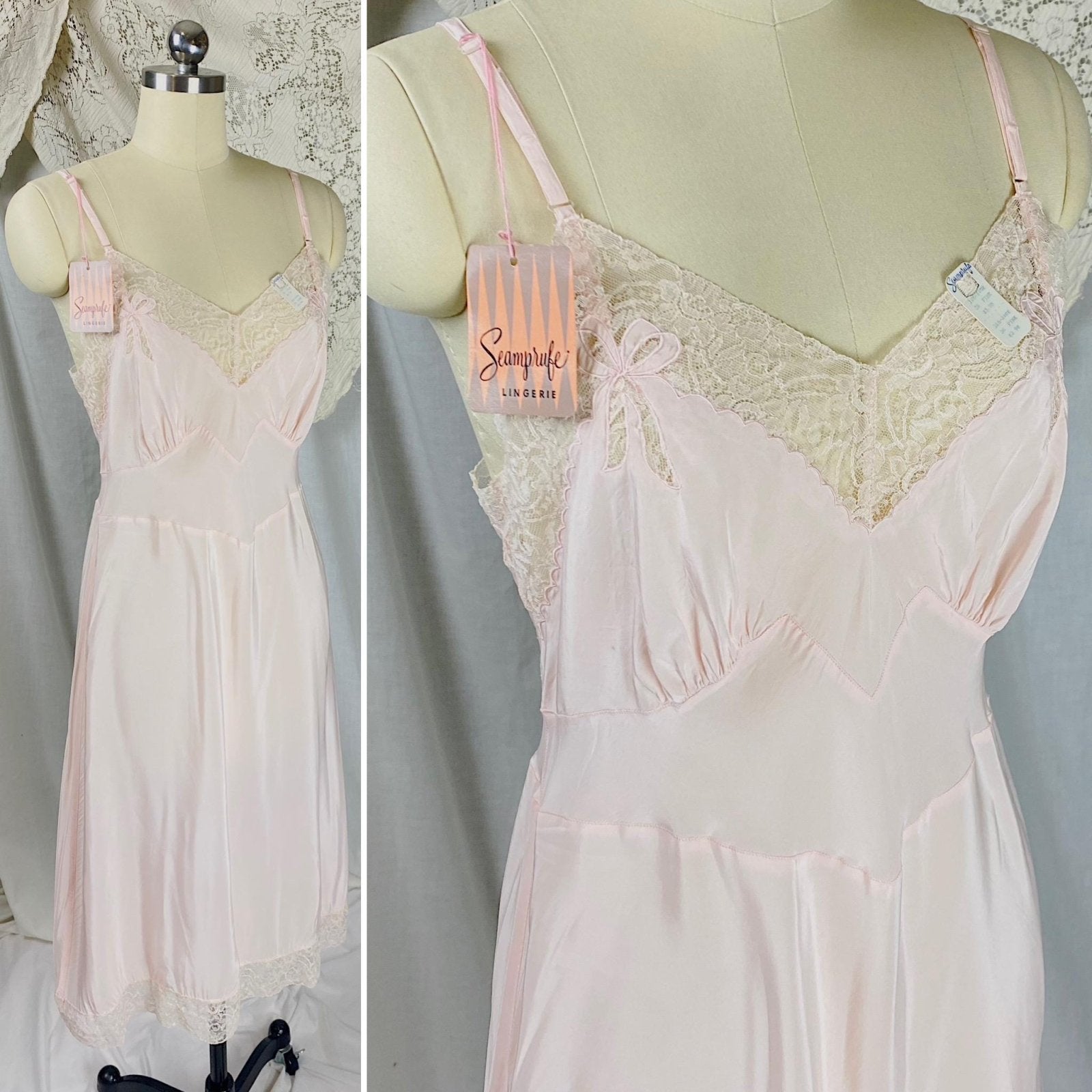 Vintage 1940's - 1950's Slip | Powder Pink Rayon with Bow Appliqués & Lace | Size M | Seamprufe - New with Tags - Daggers & Dames