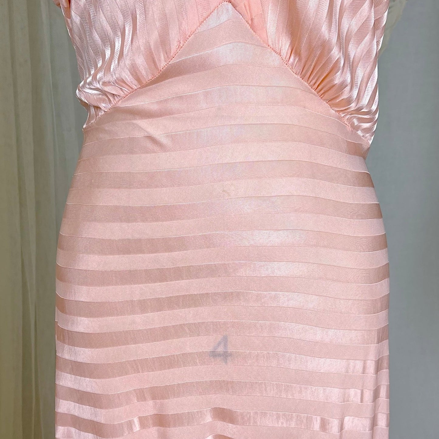 Vintage 1940's Baby Pink Rayon Knit Nightgown with Satin Stripes - by Charna Lea, size M, LG - Daggers & Dames
