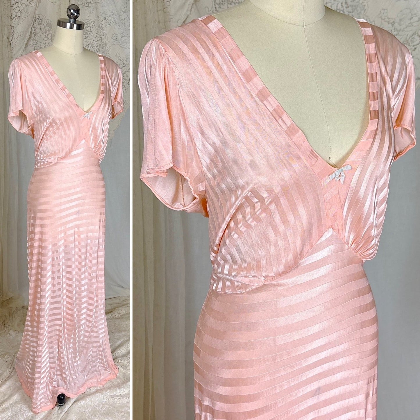 Vintage 1940's Baby Pink Rayon Knit Nightgown with Satin Stripes - by Charna Lea, size M, LG - Daggers & Dames