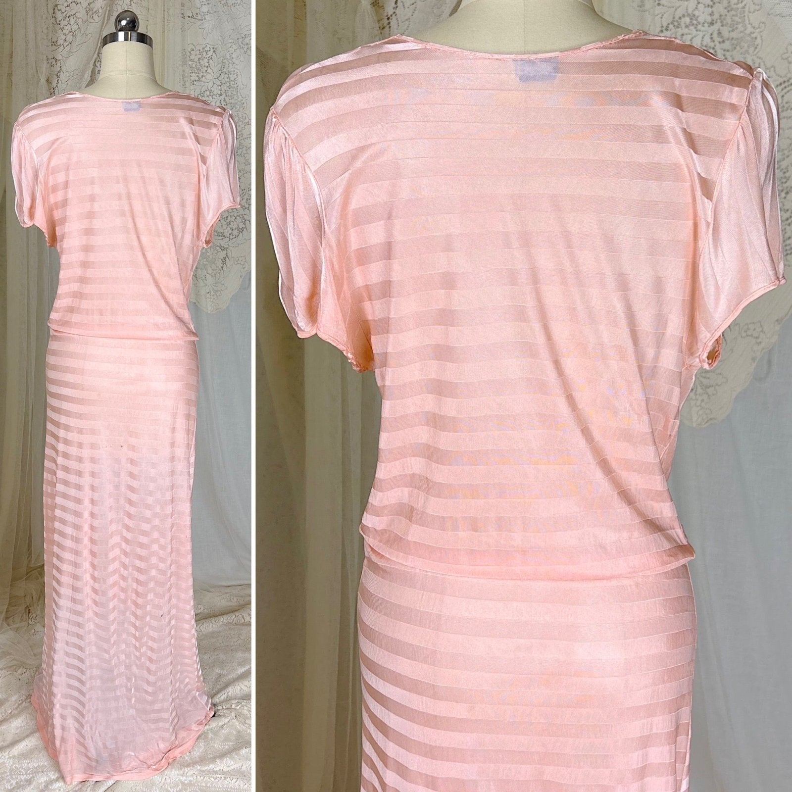 Vintage 1940's Baby Pink Rayon Knit Nightgown with Satin Stripes - by Charna Lea, size M, LG - Daggers & Dames