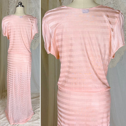 Vintage 1940's Baby Pink Rayon Knit Nightgown with Satin Stripes - by Charna Lea, size M, LG - Daggers & Dames