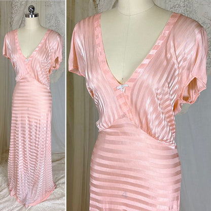 Vintage 1940's Baby Pink Rayon Knit Nightgown with Satin Stripes - by Charna Lea, size M, LG - Daggers & Dames