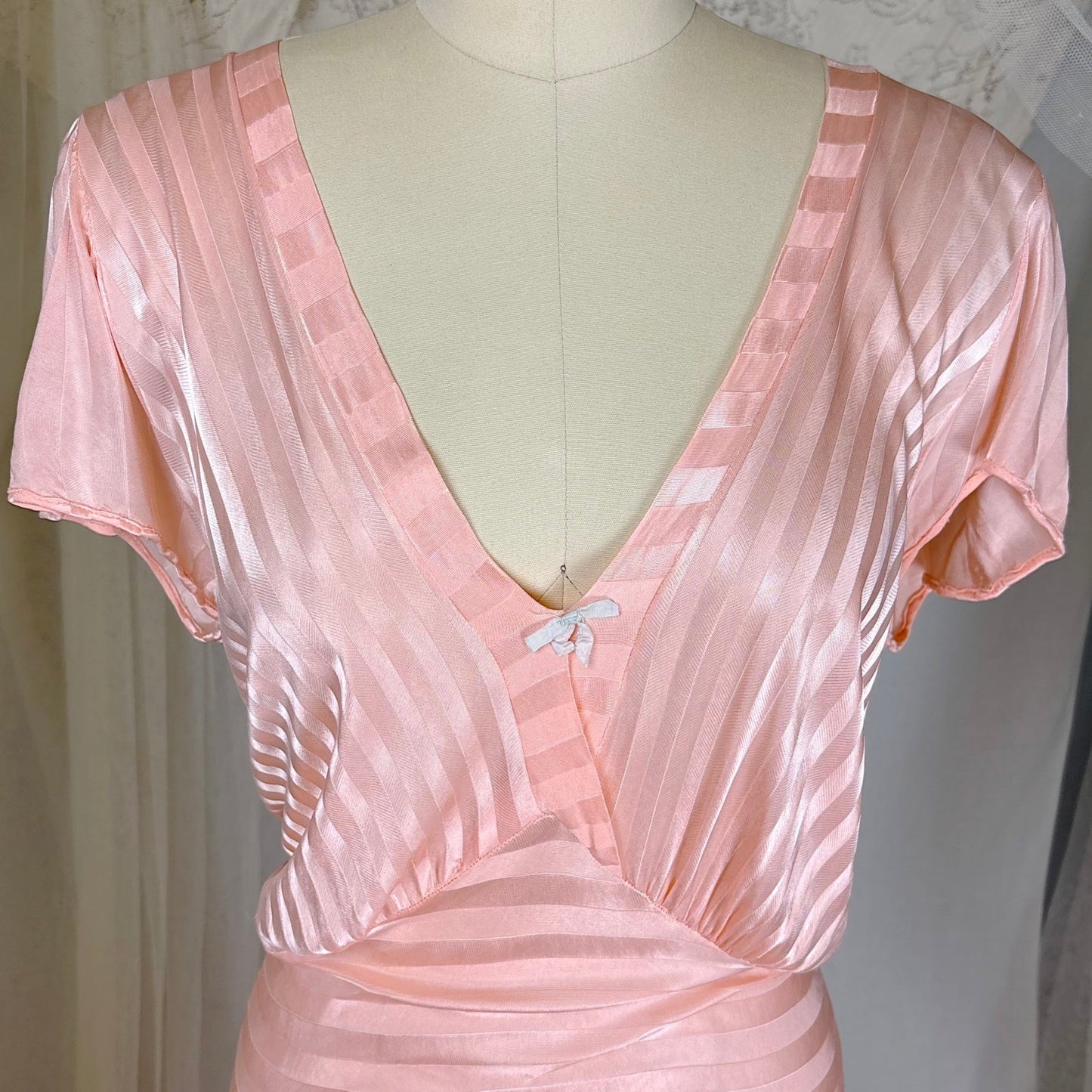 Vintage 1940's Baby Pink Rayon Knit Nightgown with Satin Stripes - by Charna Lea, size M, LG - Daggers & Dames