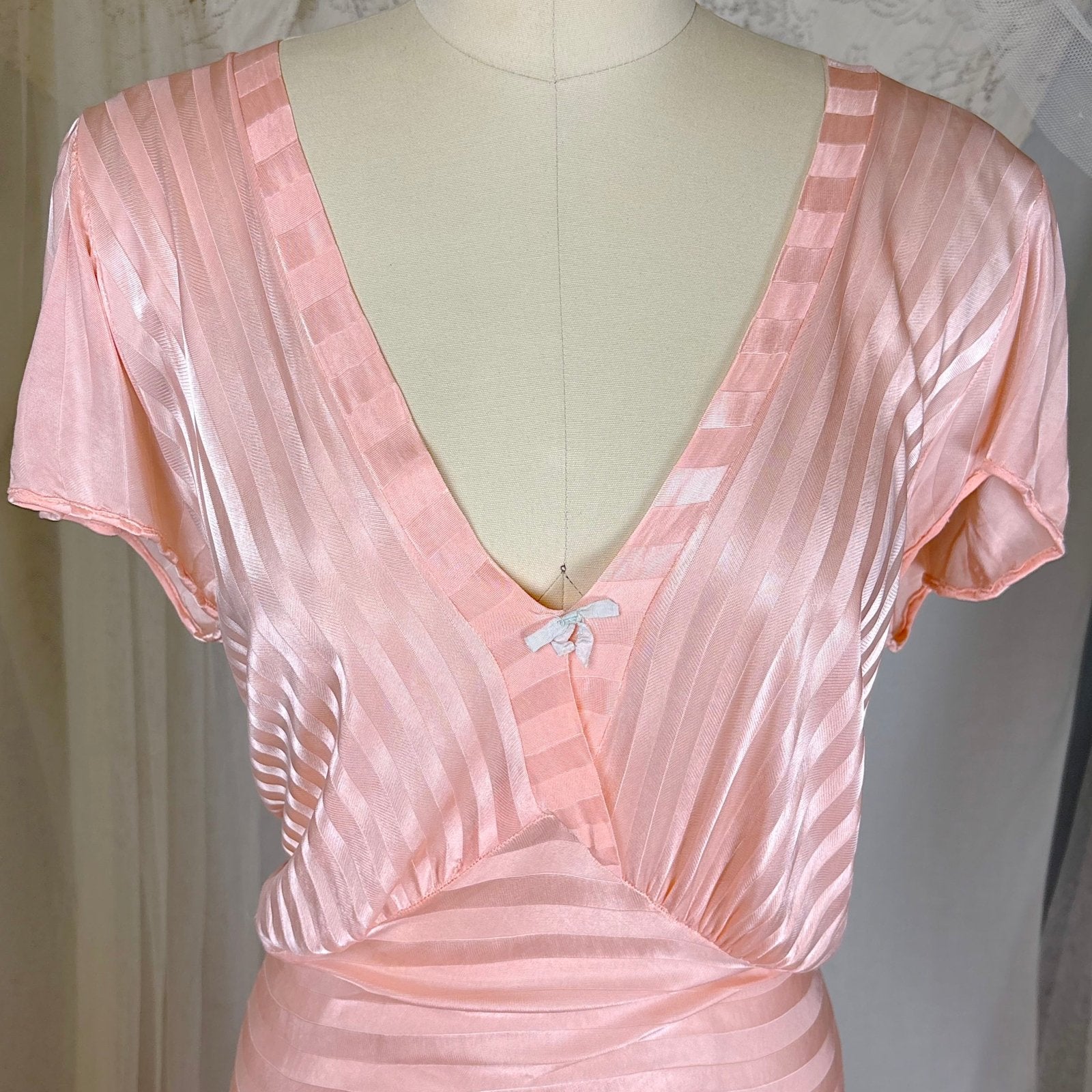 Vintage 1940's Baby Pink Rayon Knit Nightgown with Satin Stripes - by Charna Lea, size M, LG - Daggers & Dames