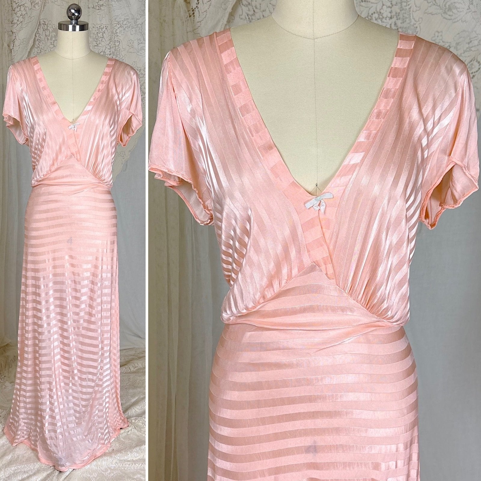 Vintage 1940's Baby Pink Rayon Knit Nightgown with Satin Stripes - by Charna Lea, size M, LG - Daggers & Dames