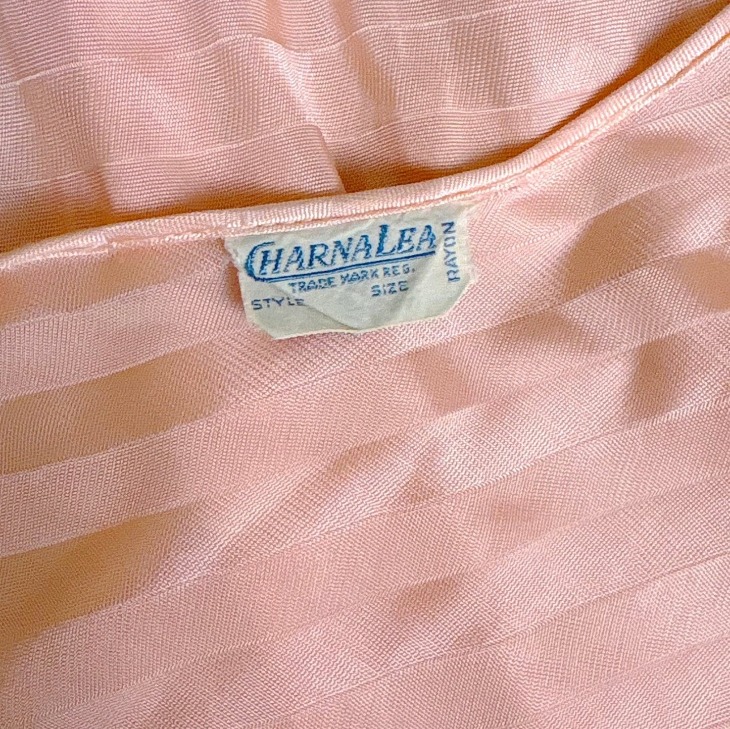 Vintage 1940's Baby Pink Rayon Knit Nightgown with Satin Stripes - by Charna Lea, size M, LG - Daggers & Dames