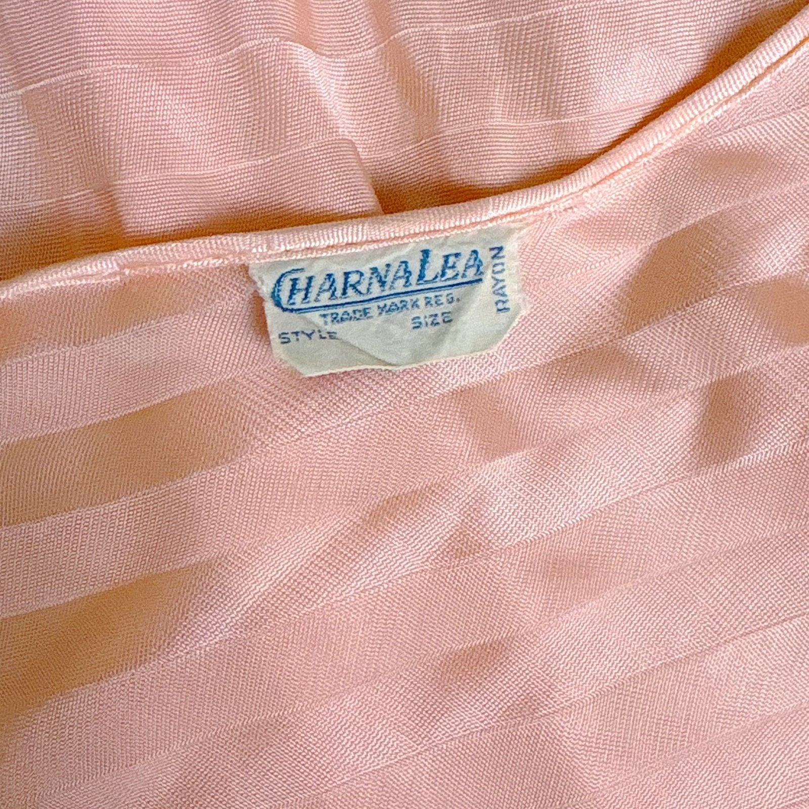 Vintage 1940's Baby Pink Rayon Knit Nightgown with Satin Stripes - by Charna Lea, size M, LG - Daggers & Dames