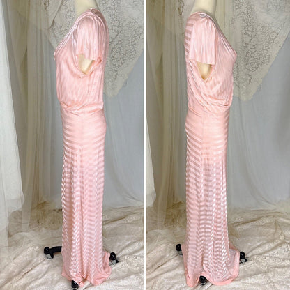Vintage 1940's Baby Pink Rayon Knit Nightgown with Satin Stripes - by Charna Lea, size M, LG - Daggers & Dames
