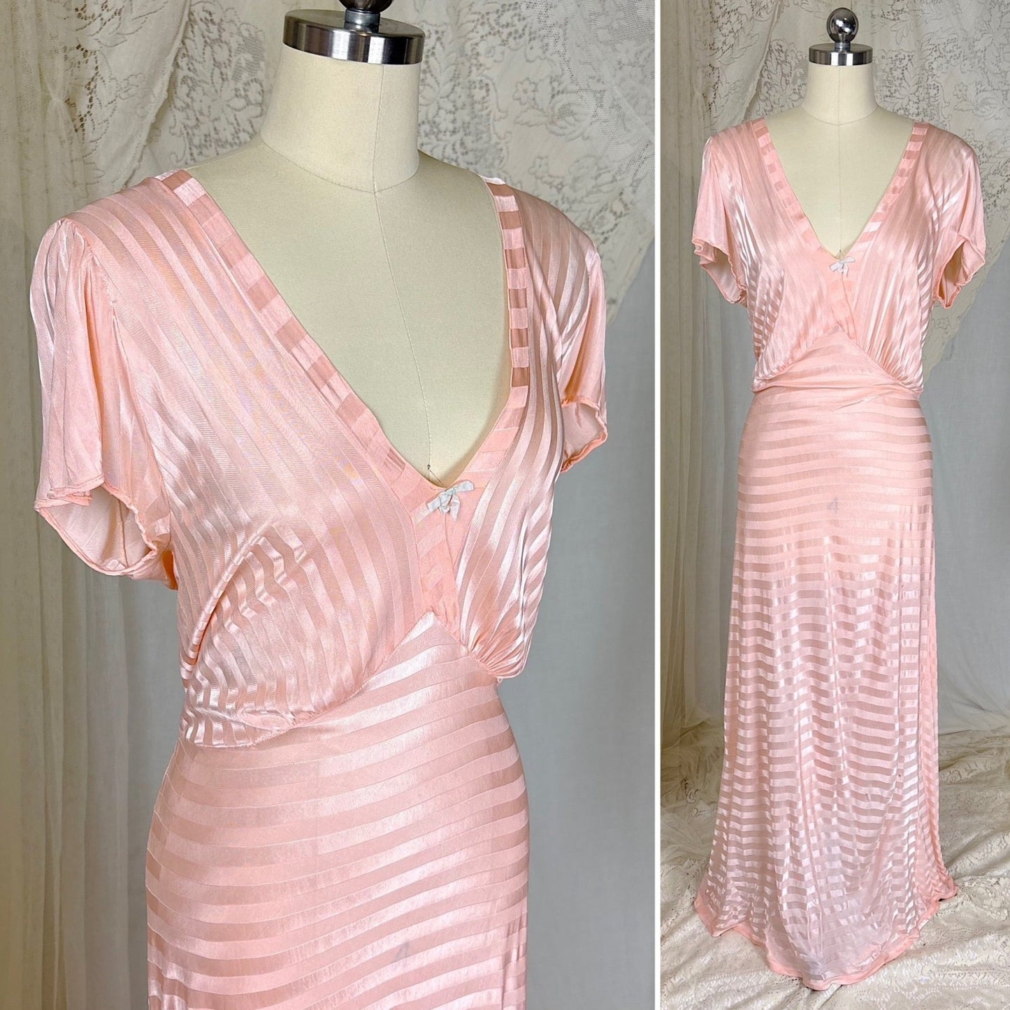 Vintage 1940's Baby Pink Rayon Knit Nightgown with Satin Stripes - by Charna Lea, size M, LG - Daggers & Dames