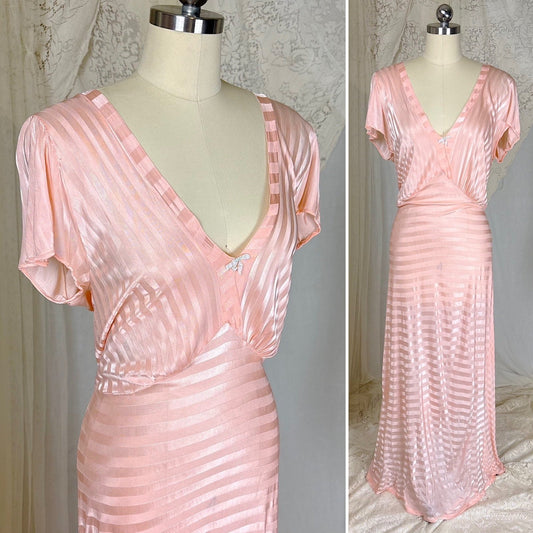 Vintage 1940's Baby Pink Rayon Knit Nightgown with Satin Stripes - by Charna Lea, size M, LG - Daggers & Dames