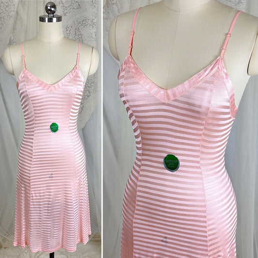 Vintage 1940's Baby Pink Rayon Knit Slip with Satin Stripe Damask Pattern - By Lorraine, New Old Stock Size XS, S - Daggers & Dames