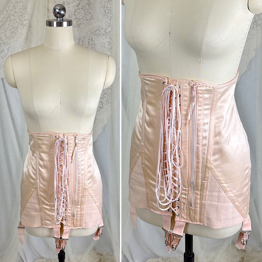 Vintage 1940's Ballet Pink Rayon Satin Corset by Spencer Corsets, size M, LG - Daggers & Dames