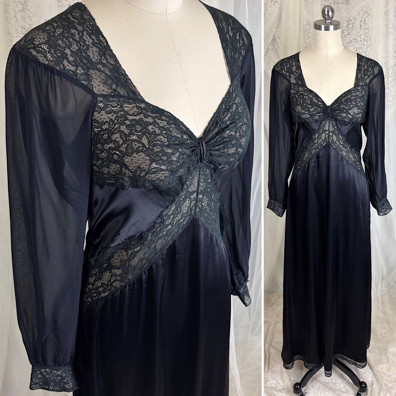 Vintage 1940's Black Rayon Satin Nightgown with Sheer Chiffon Bishop Sleeves by Alida, size XXS, XS - Daggers & Dames