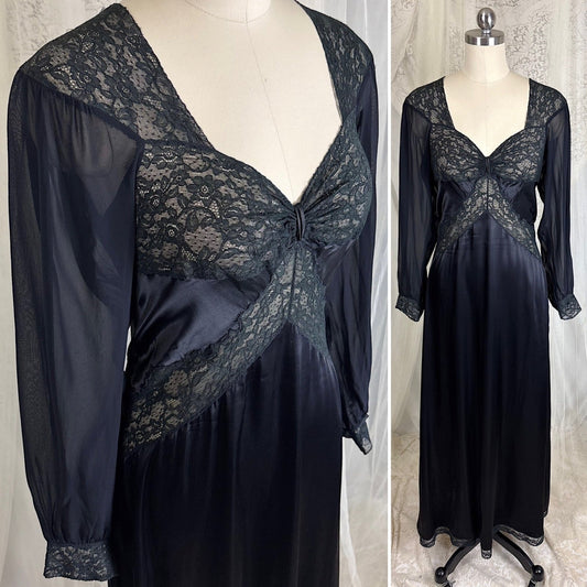Vintage 1940's Black Rayon Satin Nightgown with Sheer Chiffon Bishop Sleeves by Alida, size XXS, XS - Daggers & Dames