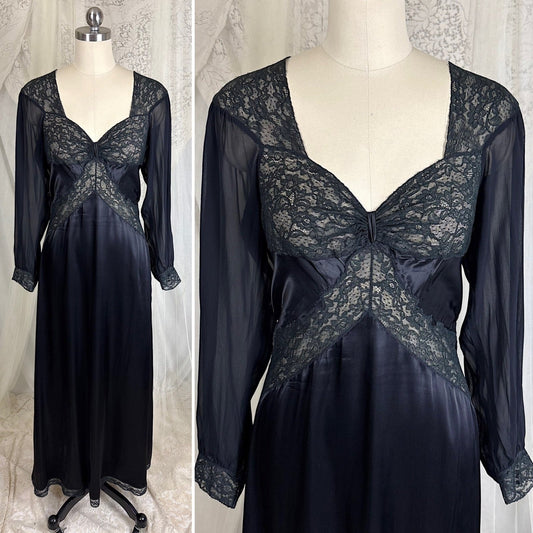 Vintage 1940's Black Rayon Satin Nightgown with Sheer Chiffon Bishop Sleeves by Alida, size XXS, XS - Daggers & Dames