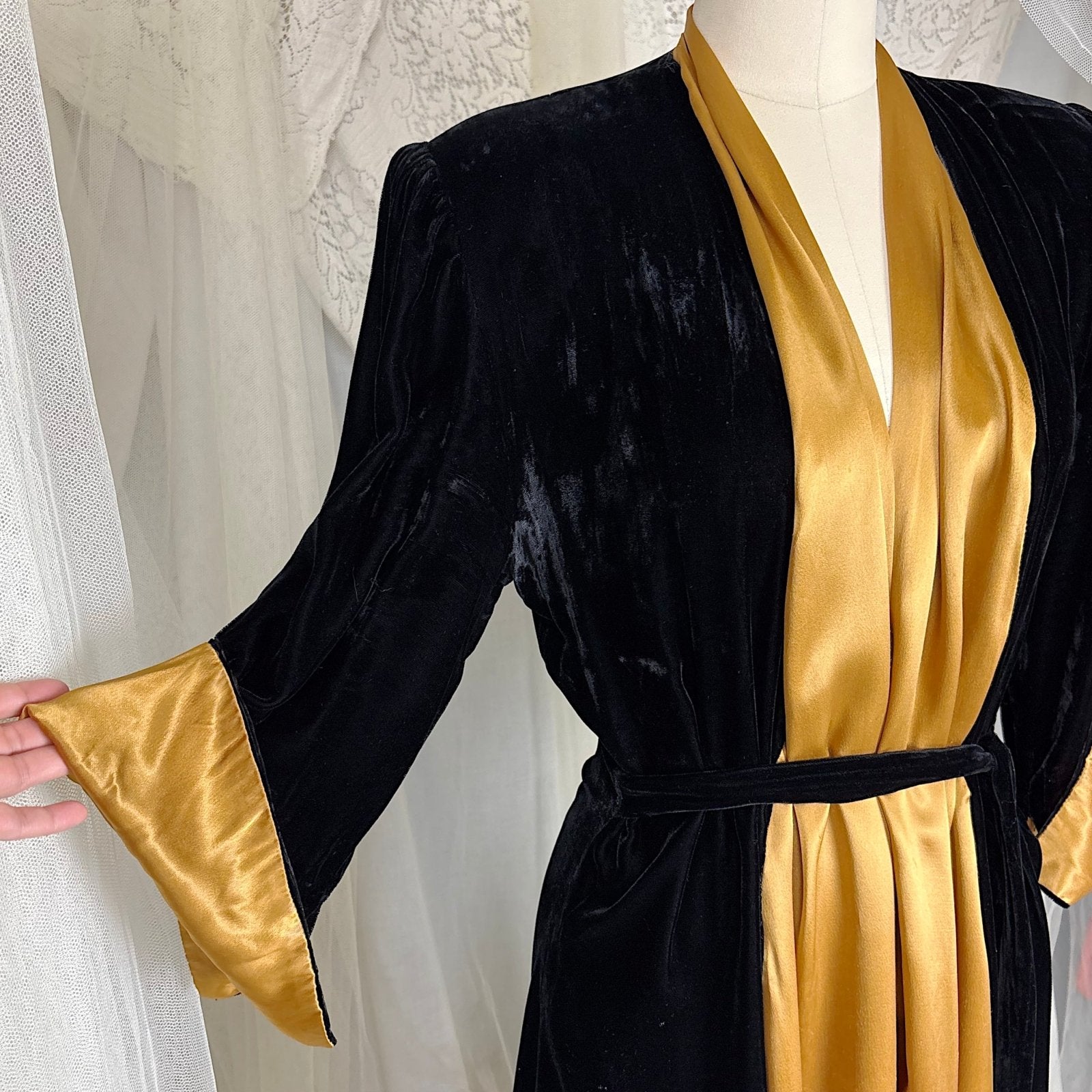 1940s Dressing Gown - Black Velvet & Gold Rayon Satin | Vintage Loungewear Daggers & Dames 1940s Dressing Gown - Black Velvet & Gold Rayon Satin | Vintage Loungewear Daggers & Dames