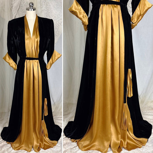Vintage 1940's Black Velvet & Gold Rayon Satin Dressing Gown by Linda, California Creator, size S, M - Daggers & Dames